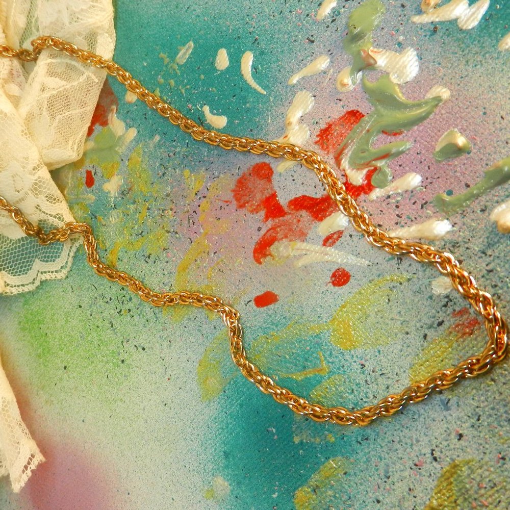 VTG gold metallic chain necklace small woven dainty links gold tone choker prom